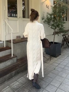 FRIFUL Solid High Neck Slit Hem Cable Knit Sweater Dress - Apricot - View 17