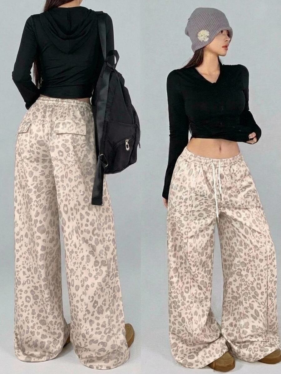 DAZY Women's Autumn Beige Leopard Print All-Over Pattern White Webbing Patch Pocket Loose Wide Leg Casual Street Outdoor Home Sports Long Pants - Beige - View 1