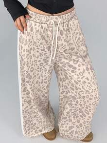 DAZY Women's Autumn Beige Leopard Print All-Over Pattern White Webbing Patch Pocket Loose Wide Leg Casual Street Outdoor Home Sports Long Pants - Beige - View 9