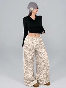 DAZY Women's Autumn Beige Leopard Print All-Over Pattern White Webbing Patch Pocket Loose Wide Leg Casual Street Outdoor Home Sports Long Pants - Beige - View 12