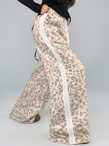 DAZY Women's Autumn Beige Leopard Print All-Over Pattern White Webbing Patch Pocket Loose Wide Leg Casual Street Outdoor Home Sports Long Pants - Beige - View 5