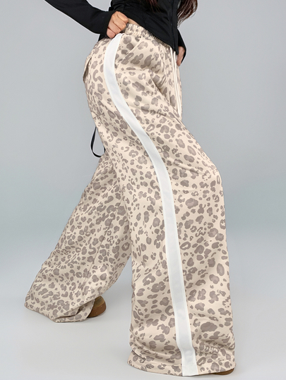 DAZY Women's Autumn Beige Leopard Print All-Over Pattern White Webbing Patch Pocket Loose Wide Leg Casual Street Outdoor Home Sports Long Pants