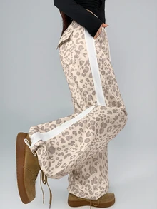 DAZY Women's Autumn Beige Leopard Print All-Over Pattern White Webbing Patch Pocket Loose Wide Leg Casual Street Outdoor Home Sports Long Pants - Beige - View 3