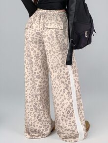 DAZY Women's Autumn Beige Leopard Print All-Over Pattern White Webbing Patch Pocket Loose Wide Leg Casual Street Outdoor Home Sports Long Pants - Beige - View 11