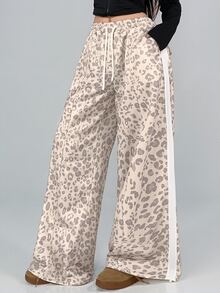DAZY Women's Autumn Beige Leopard Print All-Over Pattern White Webbing Patch Pocket Loose Wide Leg Casual Street Outdoor Home Sports Long Pants - Beige - View 10