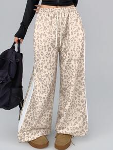 DAZY Women's Autumn Beige Leopard Print All-Over Pattern White Webbing Patch Pocket Loose Wide Leg Casual Street Outdoor Home Sports Long Pants - Beige - View 6