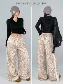 DAZY Women's Autumn Beige Leopard Print All-Over Pattern White Webbing Patch Pocket Loose Wide Leg Casual Street Outdoor Home Sports Long Pants - Beige - View 8