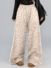 DAZY Women's Autumn Beige Leopard Print All-Over Pattern White Webbing Patch Pocket Loose Wide Leg Casual Street Outdoor Home Sports Long Pants - Beige - View 4