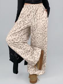 DAZY Women's Autumn Beige Leopard Print All-Over Pattern White Webbing Patch Pocket Loose Wide Leg Casual Street Outdoor Home Sports Long Pants - Beige - View 2