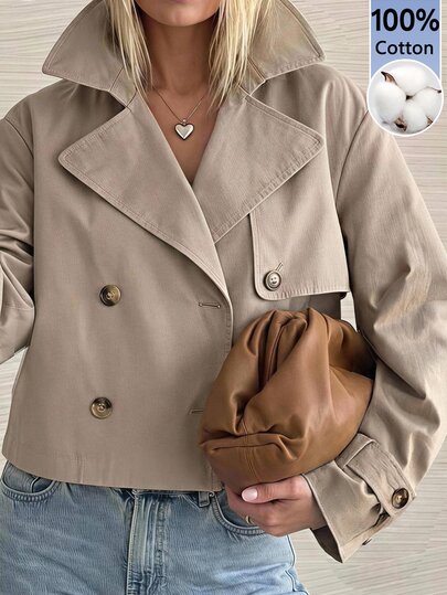 SHEIN EZwear Grey Woven Women's Long Sleeve Double-Breasted Jacket Office Autumn French Elegant