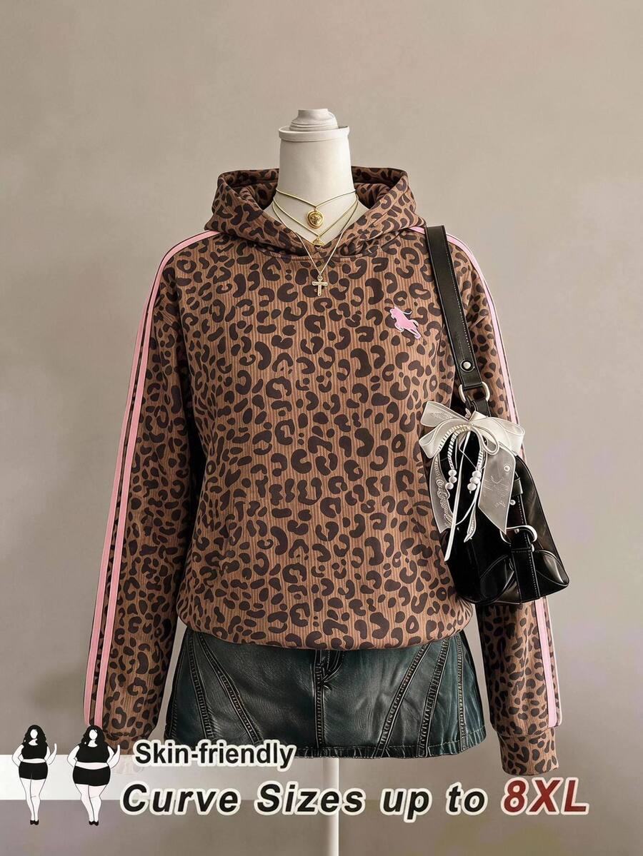 SHEIN CURVE+ 大尺碼女款休閒復古Y2K多功能派對條紋馬標誌印花運動服,適合音樂節,哥德風,夏季女裝 - 彩色 - 查看 1