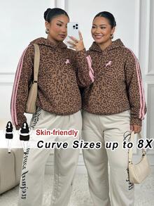 SHEIN CURVE+ 大尺碼女款休閒復古Y2K多功能派對條紋馬標誌印花運動服，適合音樂節，哥德風，夏季女裝 - 彩色 - 查看 3