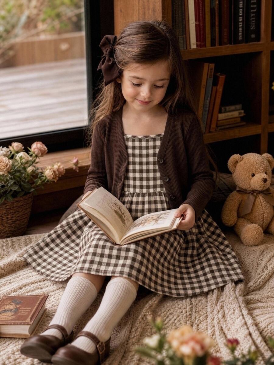 SHEIN Young Girl Knit Solid Color Cardigan & Plaid Strap Dress Two Pieces Set - Multicolor - View 1