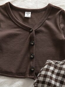 SHEIN Young Girl Knit Solid Color Cardigan & Plaid Strap Dress Two Pieces Set - Multicolor - View 8
