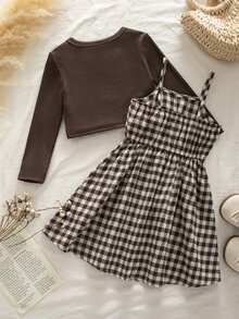 SHEIN Young Girl Knit Solid Color Cardigan & Plaid Strap Dress Two Pieces Set - Multicolor - View 7