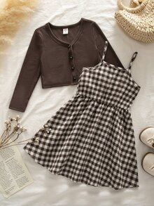 SHEIN Young Girl Knit Solid Color Cardigan & Plaid Strap Dress Two Pieces Set - Multicolor - View 6