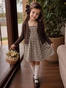 SHEIN Young Girl Knit Solid Color Cardigan & Plaid Strap Dress Two Pieces Set - Multicolor - View 3