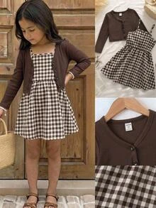 SHEIN Young Girl Knit Solid Color Cardigan & Plaid Strap Dress Two Pieces Set - Multicolor - View 5