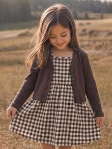 SHEIN Young Girl Knit Solid Color Cardigan & Plaid Strap Dress Two Pieces Set - Multicolor - View 4