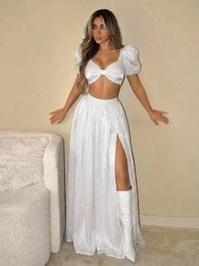 SHEIN ICON 女士性感闪亮泡泡上衣和长裙派对装 - 白色 - 查看 1