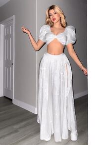 SHEIN ICON 女士性感闪亮泡泡上衣和长裙派对装 - 白色 - 查看 4
