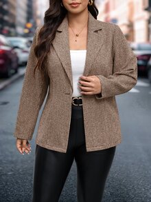 SHEIN Clasi Blazer Lengan Panjang Kancing Kasual Elegan Ukuran Plus untuk Bisnis Kantor Formal Warna Cokelat Musim Panas - Coklat - View 8