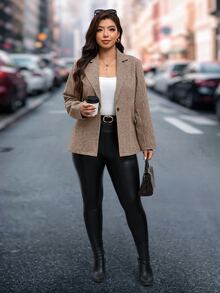 SHEIN Clasi Blazer Lengan Panjang Kancing Kasual Elegan Ukuran Plus untuk Bisnis Kantor Formal Warna Cokelat Musim Panas - Coklat - View 4