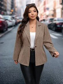 SHEIN Clasi Blazer Lengan Panjang Kancing Kasual Elegan Ukuran Plus untuk Bisnis Kantor Formal Warna Cokelat Musim Panas - Coklat - View 9