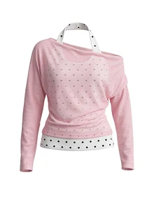 ROMWE Kawaii Y2K Polka Dot Off-Shoulder Long Sleeve 2 Pieces Women's T-Shirt - Pink - View 1