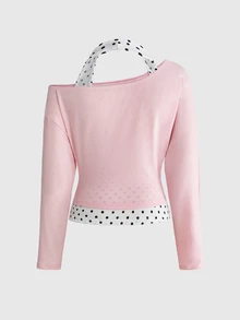 ROMWE Kawaii Y2K Polka Dot Off-Shoulder Long Sleeve 2 Pieces Women's T-Shirt - Pink - View 2