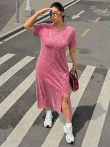 Muchica 大尺碼長版酸洗 T-shirt 洋裝，休閒街頭風，粉色正式度假夏季款 - 玫紅色 - 查看 3