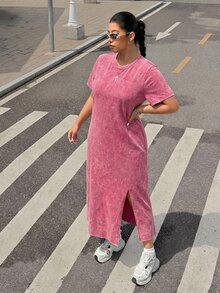 Muchica 大尺碼長版酸洗 T-shirt 洋裝，休閒街頭風，粉色正式度假夏季款 - 玫紅色 - 查看 4