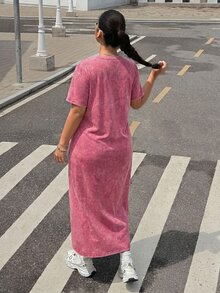 Muchica 大尺碼長版酸洗 T-shirt 洋裝，休閒街頭風，粉色正式度假夏季款 - 玫紅色 - 查看 2