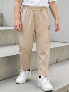 Souflis Souflis Young Boy Casual Comfortable Solid Color Long Pants With Slanted Pockets, Simple Elastic Waist Design, Suitable For Daily Wear, Travel, Party, Holiday, Versatile Fashion Outfit - Khaki - View 1