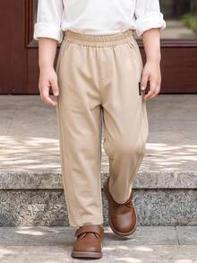 Souflis Souflis Young Boy Casual Comfortable Solid Color Long Pants With Slanted Pockets, Simple Elastic Waist Design, Suitable For Daily Wear, Travel, Party, Holiday, Versatile Fashion Outfit - Khaki - View 4