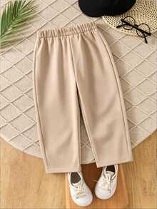 Souflis Souflis Young Boy Casual Comfortable Solid Color Long Pants With Slanted Pockets, Simple Elastic Waist Design, Suitable For Daily Wear, Travel, Party, Holiday, Versatile Fashion Outfit - Khaki - View 3