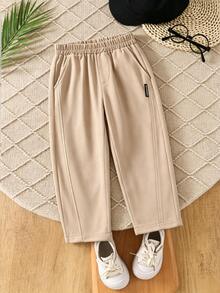 Souflis Souflis Young Boy Casual Comfortable Solid Color Long Pants With Slanted Pockets, Simple Elastic Waist Design, Suitable For Daily Wear, Travel, Party, Holiday, Versatile Fashion Outfit - Khaki - View 2