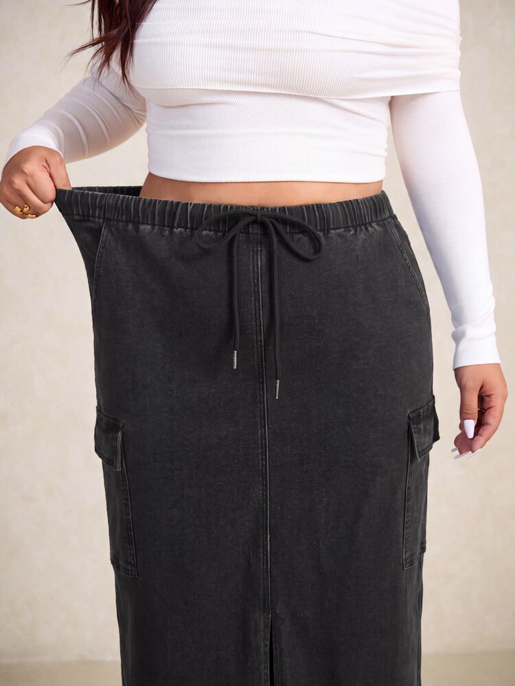 Elaquor Plus Size Women Elegant Casual Grey High Waist Straight Long Skirt Fall Drawstring Pocket Front Slit A Line Skirt - Black - View 4