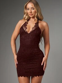 MISSGUIDED Deep V-Neck Halter Tie Mini Dress In Floral Lace With Scallop Hem And Open Back For Nights Out - Burgundy - View 1