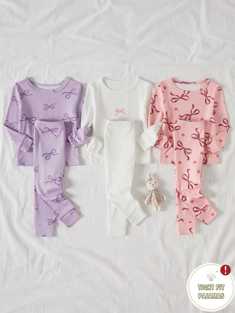 Baby Girl Slim Fit Minimalist Fashion Daily Multi-Color Round Neck Long Sleeve Top With Print Bow Heart All-Over Pattern And Long Pants 6-Piece Loungewear Set - Multicolor - View 4