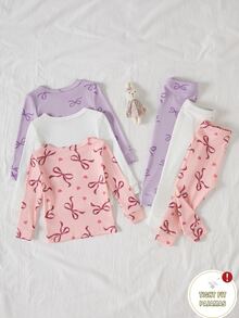 Baby Girl Slim Fit Minimalist Fashion Daily Multi-Color Round Neck Long Sleeve Top With Print Bow Heart All-Over Pattern And Long Pants 6-Piece Loungewear Set - Multicolor - View 3