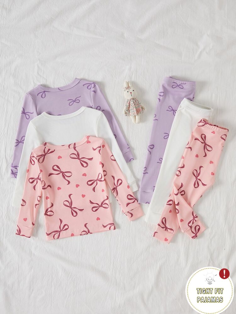 Baby Girl Slim Fit Minimalist Fashion Daily Multi-Color Round Neck Long Sleeve Top With Print Bow Heart All-Over Pattern And Long Pants 6-Piece Loungewear Set - Multicolor - View 3