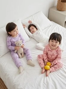 Baby Girl Slim Fit Minimalist Fashion Daily Multi-Color Round Neck Long Sleeve Top With Print Bow Heart All-Over Pattern And Long Pants 6-Piece Loungewear Set - Multicolor - View 2