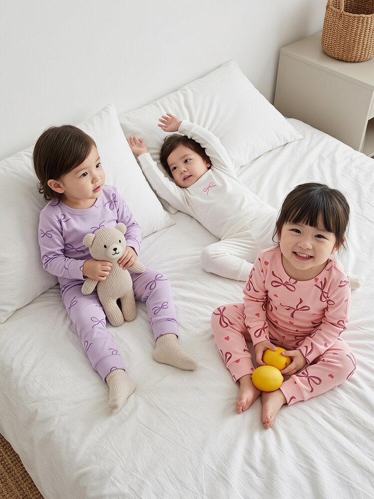 Baby Girl Slim Fit Minimalist Fashion Daily Multi-Color Round Neck Long Sleeve Top With Print Bow Heart All-Over Pattern And Long Pants 6-Piece Loungewear Set - Multicolor - View 2