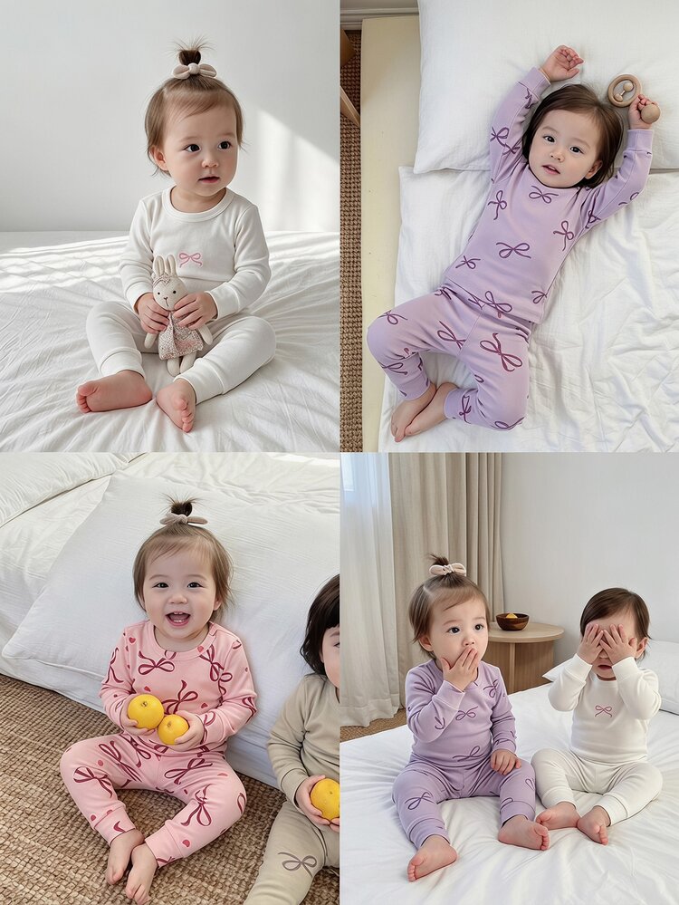 Baby Girl Slim Fit Minimalist Fashion Daily Multi-Color Round Neck Long Sleeve Top With Print Bow Heart All-Over Pattern And Long Pants 6-Piece Loungewear Set - Multicolor - View 1