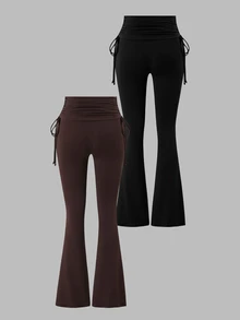 SHEIN Sports Women's Yoga Brown Black Sports Pants Set Of Two Pieces Gym Pilates Summer Essential Low Waist - Multicolor - View 2