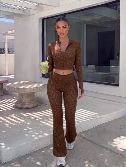 Sirith Women's 2 Pieces Set, Stand Collar Zipper Cardigan Style, Thumb Hole Sleeve Design, Brown Autumn Casual Sports Fitness Yoga Tight Set, Leopard Print, Suitable For Daily Casual, Running, Yoga, Fitness, Tennis, Golf Sports, Slim Fit, Comfortable And Durable
