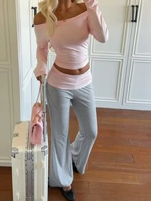 CovetEZ Women's Sweet Off-Shoulder T-Shirt And Color-Block Flared Pants 2 Pieces Set - Pink - View 5