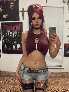 Bitrose Sexy Y2k Metal Decor Sleeveless Cropped Top For Summer Halloween Going Out Club - Red - View 1