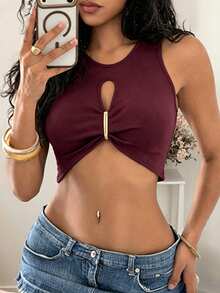 Bitrose Sexy Y2k Metal Decor Sleeveless Cropped Top For Summer Halloween Going Out Club - Red - View 6